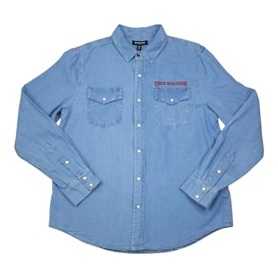 True Religion Light Blue Chambray Long Sleeve Shirt M Snaps Denim Chest Pockets - Image 1 of 4