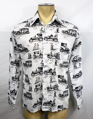 Mint Vtg 70s Mens Lancer antique cars white black button-up disco shirt Medium  - Image 1 of 4