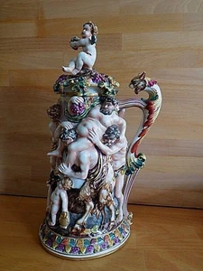 LARGE NAPLES CAPODIMONTE BACCHANALIAN LIDDED TANKARD WITH LEOPARD HEAD HANDLE - Picture 1 of 11