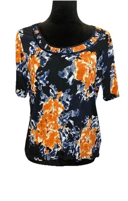 Ellen Tracy Silk Blend Top Size L Navy Orange Abstract Floral Fairy Grunge Artsy — 第 1/4 张图片