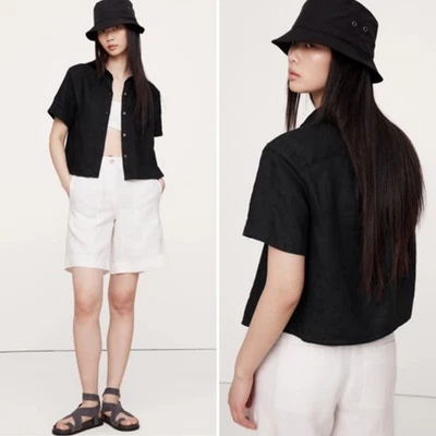 NUEVO CON ETIQUETAS Camisa Banana Republic Boxy Lino Manga Corta MEDIANA Negra Relajada Abotonada Foto 1 de 4