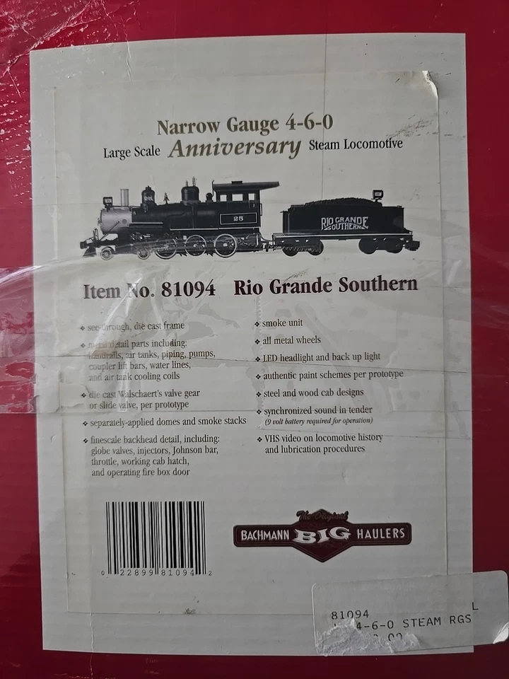 Bachmann 81094 Rio Grande Southern Anniversary 4-6-0 Steam Loco. & Tender w/ Box - Image 1 of 4