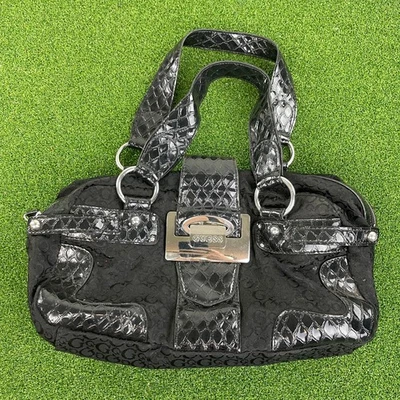 Vintage Guess Black Jacquard & Patent Faux Leather Shoulder Bag / Satchel Purse - Image 1 of 4
