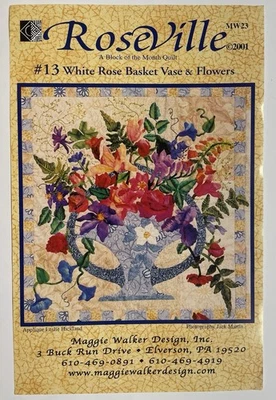 Florero Roseville BOM Rosa Blanca Cesta Flores Aplique Patrón #13 Maggie Walker Foto 1 de 2