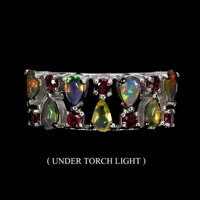 925 Sterling Silver Ring Pear Fire Opal Rhodolite Garnet Gemstone Jewelry - Image 1 of 4