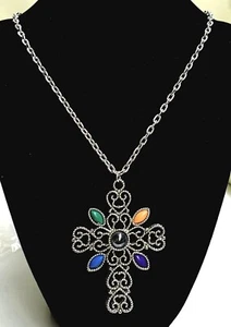 Avon Silver-tone Filigree Cross Pendant Necklace with Colorful Cabochons c1976 - Picture 1 of 6
