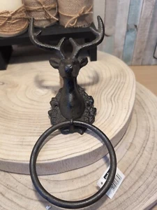 Cast Iron Rustic Towel Ring Stag Antlers Head Wall Mount Bathroom Towels Holder - Picture 1 of 5