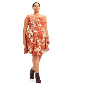 Size 5X 30 32 Floral Print Off Shoulder Fit & Flare Knit Dress Summer Plus Size - Picture 1 of 7