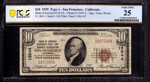 1929 $10 BANK OF AMERICA NATIONAL BANK NOTE SAN FRANCISCO CALIFORNIA PCGS VF 25 - Picture 1 of 2