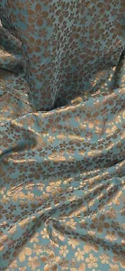 Teal Blue Gold Floral Banarasi Brocade Fabric 50'' PRICE PER METER - Picture 1 of 2