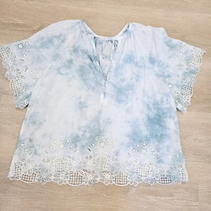 Anthropologie weiß blau gefärbte Boho Bauernbluse kurzärmelig XL - Bild 1 von 14