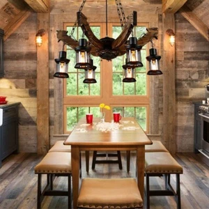 Kitchen Island Chandelier Rustic Wood Pendant Lamp 6-Light Hanging Ceiling Light - Picture 1 of 17