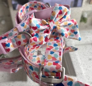Top Paw Nylon Hearts All Over Dog Collar w/Bow (M) WITH matching Leash (4ft) - Picture 1 of 6