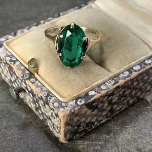 Art Deco Vintage ovaler Smaragd Lab Created Diamant Verlobungsring 14K Gold FN - Bild 1 von 8