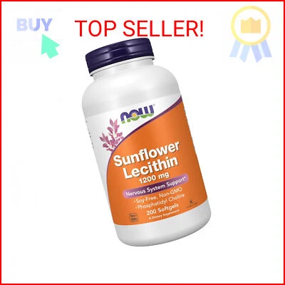Now Foods подсолнечный лецитин 1200 мг без сои, без ГМО — 200 гелевых капсул - Изображение 1 из 2