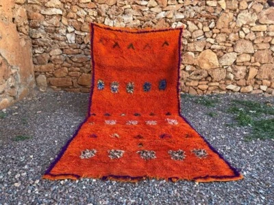 Alfombra bereber marroquí Azilal hecha a mano alfombra tribal de lana naranja abstracta de 3'8x8' pies Foto 1 de 4