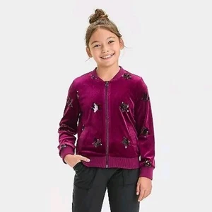 Girls' Velour Sequin 'Star' Layering Jacket - Cat & Jack Maroon XS(4/5) - Picture 1 of 2