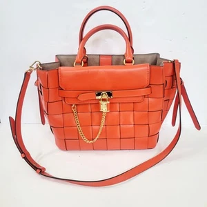 Rare Michael Kors Hamilton Legacy Large Woven Leather Belted Satchel Bag Orange - Picture 1 of 17