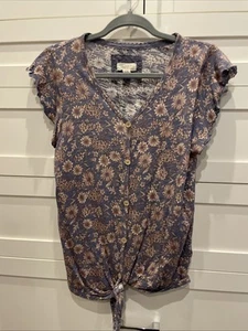 Cupio Flower Shirt Button Tie Bottom Flutter Sleeve Size S - Picture 1 of 4
