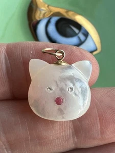14k Yellow Gold MOP Moissonite & Pink Ruby Cat Charm 🐱🩷 - Picture 1 of 10