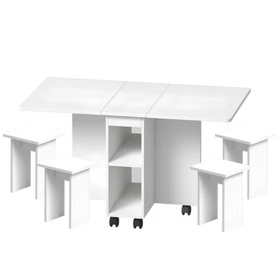 Folding Dining Table Set 4 Chairs, Space Saving with Storage & Wheels, White - Image 1 of 4