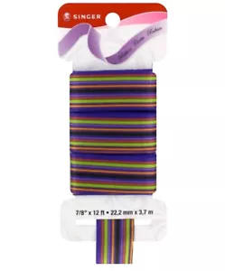 Singer Satin Ribbon 7/8”x12’ Purple Green Orange Stripe - Picture 1 of 1