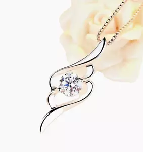 STERLING SILVER SOLITAIRE WATER DROP ANGEL WING 18" NECKLACE MOISSANITE STONE - Picture 1 of 3