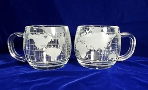 NESTLE Globe Mugs Clear Glass 3" Roly-Poly Etched Frosted World Map 70s - Picture 1 of 9