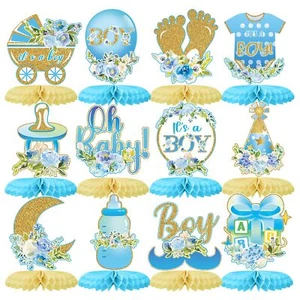 12pcs Baby Shower Honeycomb Centerpieces Party Decor For Boysblue Gold Floral It - Picture 1 of 7