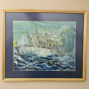 Vintage Nautical Ship Painting in Storm, Framed Maritime Art with Ocean Waves - Picture 1 of 5
