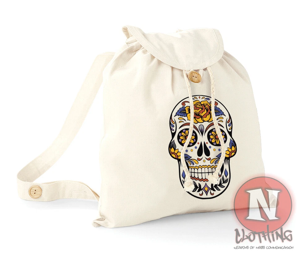 Totenkopf Rucksack Blumen Urlaub Schule College Bio Baumwolle Tag Tasche - Bild 1 von 1