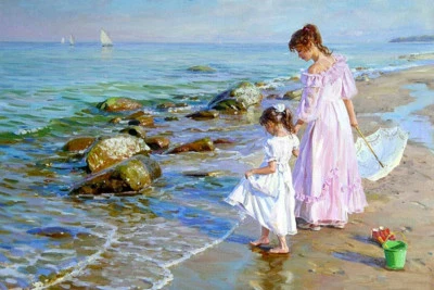 Madre e hija en la playa pintura al óleo arte giclee impreso sobre lienzo L1921 Foto 1 de 4
