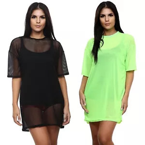 Ladies Short Sleeve Fishnet Sheer Mesh Summer T-Shirt Oversized Baggy Long Top - Picture 1 of 8