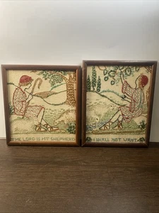 Vtg Framed Crewel Wall Hanging Set Of 2 Biblical Religious Finished Decor - Bild 1 von 4