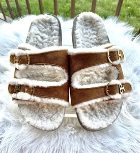 Tory Burch anatomische Lammfell-Pantoletten US 10 Sherpa 2 Riemen Sandalen Luxus - Bild 1 von 6