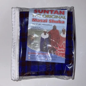 Autentica Abbronzatura Masai Shuka Coperta Scialle Blu Rosso Plaid Tessuto Africano 60x80 - Foto 1 di 4