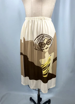 Vintage Skirt SIZE MEDIUM LARGE elastic 70S 80S art brown yellow tan print - Image 1 of 4