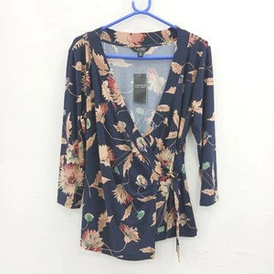 Lauren Ralph Lauren Wrap Top L UK 16 Navy Blue Floral NWT Womens RMF-FPL14 - Picture 1 of 9