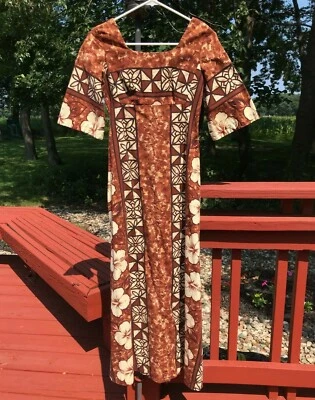 Vintage 60s Ui-MaiKai Barkcloth Brown Cream Hibiscus Hawaiian Wedding Maxi Dress - Image 1 of 4
