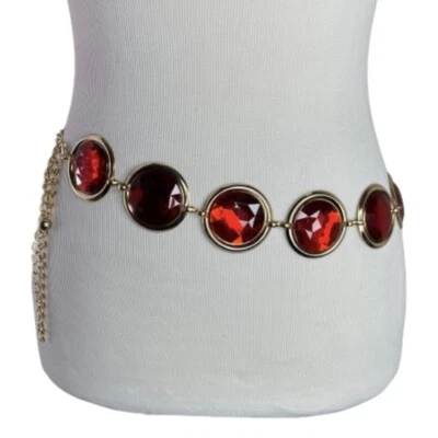 Gold Tone Chain Belt Round Red Gem Concho L Wide Statement Acrylic - Image 1 of 4