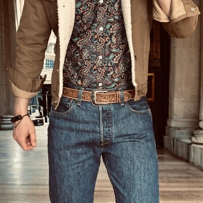 Western Belt Handmade Men's Full Grain Leather With Buckle Cowboy Rodeo - Image 1 of 4