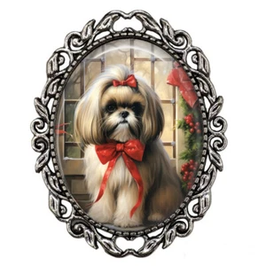 Christmas Bow Shih Tzu Puppy Dog Pin Scarf Coat Sweater Christmas Brooch - Picture 1 of 4
