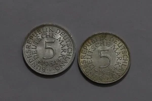 🧭 🇩🇪 GERMANY FEDERAL 5 MARK 1963 J + 1964 F BOTH SILVER B79 #9 III42 - Picture 1 of 2