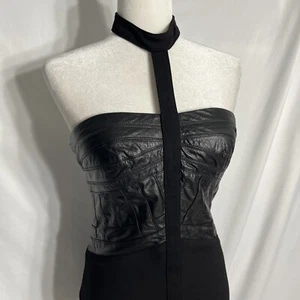 Vtg Bebe Black Leather Banded Halter Mini Dress Stretch Sz 6 Goth Bodycon Womens - Picture 1 of 22