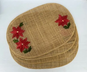 Set Of 4 Abaca Straw Woven Placemats Oval With Pink Flowers - Picture 1 of 6