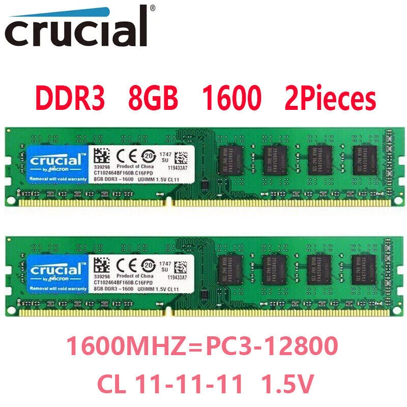 CRUCIAL DDR3 1600MHz 2X8GB 16GB PC3-12800 Desktop Memory RAM 240pin DIMM 1.5V - Image 1 of 4