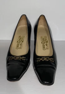 VTG Salvatore Ferragamo Horse Bit Classic Black Patent Pump Size 7.5 N - Picture 1 of 12