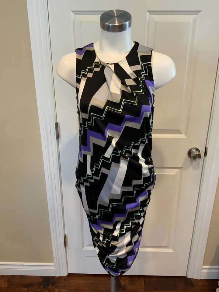 Vestido Lápiz Poleci Púrpura, Negro y Gris Seda Geométrico Sin Mangas, Talla M Foto 1 de 4