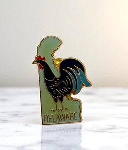 Delaware State Map Outline Lapel Pin Gold Tone Blue Hen Bird Rooster Enamel - Picture 1 of 6