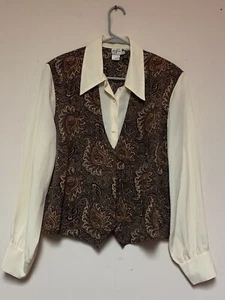 Vintage Western Paisley Blouse Attached Vest Button Front Point Collar M - Picture 1 of 8